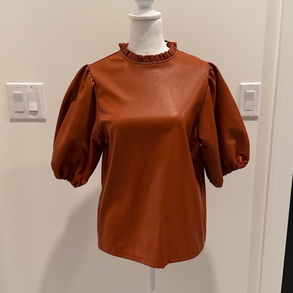 THML Terracotta Gathered Sleeve Top Vegan Leather